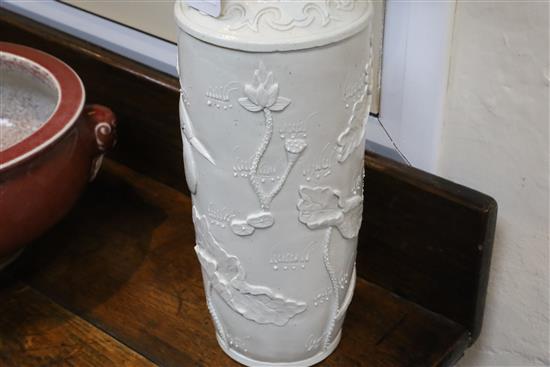 A Chinese white glazed moulded rouleau vase, Wang Bingrong seal mark, H.34.5cm